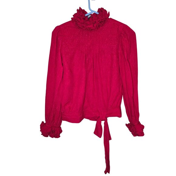 Vintage Levantè Red Silk Exaggerated Ruffle Blouse With Button Back & Tie Waist - Picture 1 of 7